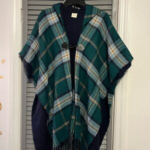 Plaid Hooded Poncho with Toggle Closure